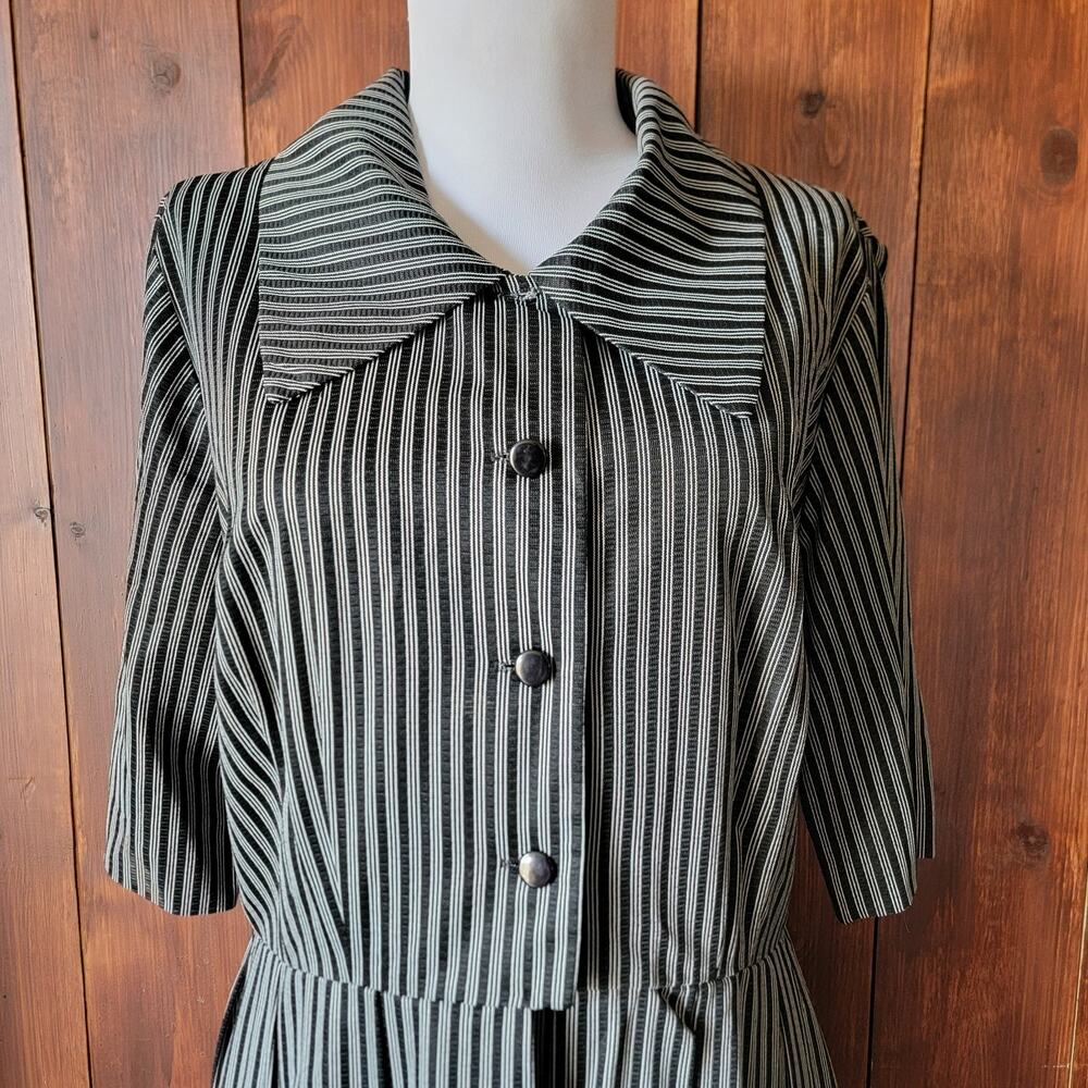 Vintage Miss Marilyn of Dallas 50s Black & White Striped Dress Collared Buttons - Picture 2 of 16